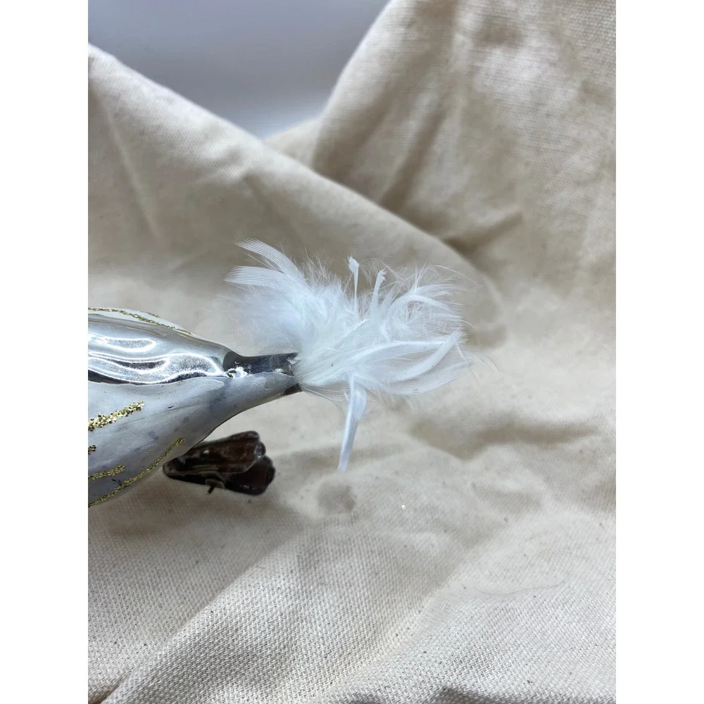 Vintage Glass Swan Ornament‎ White Gold Glitter Clip On Feather Tail Christmas